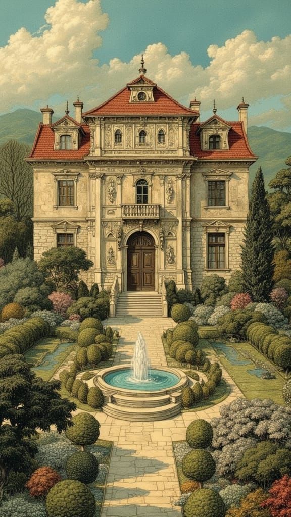 Italianate Palace in Arthur Rackham Style, Drone View