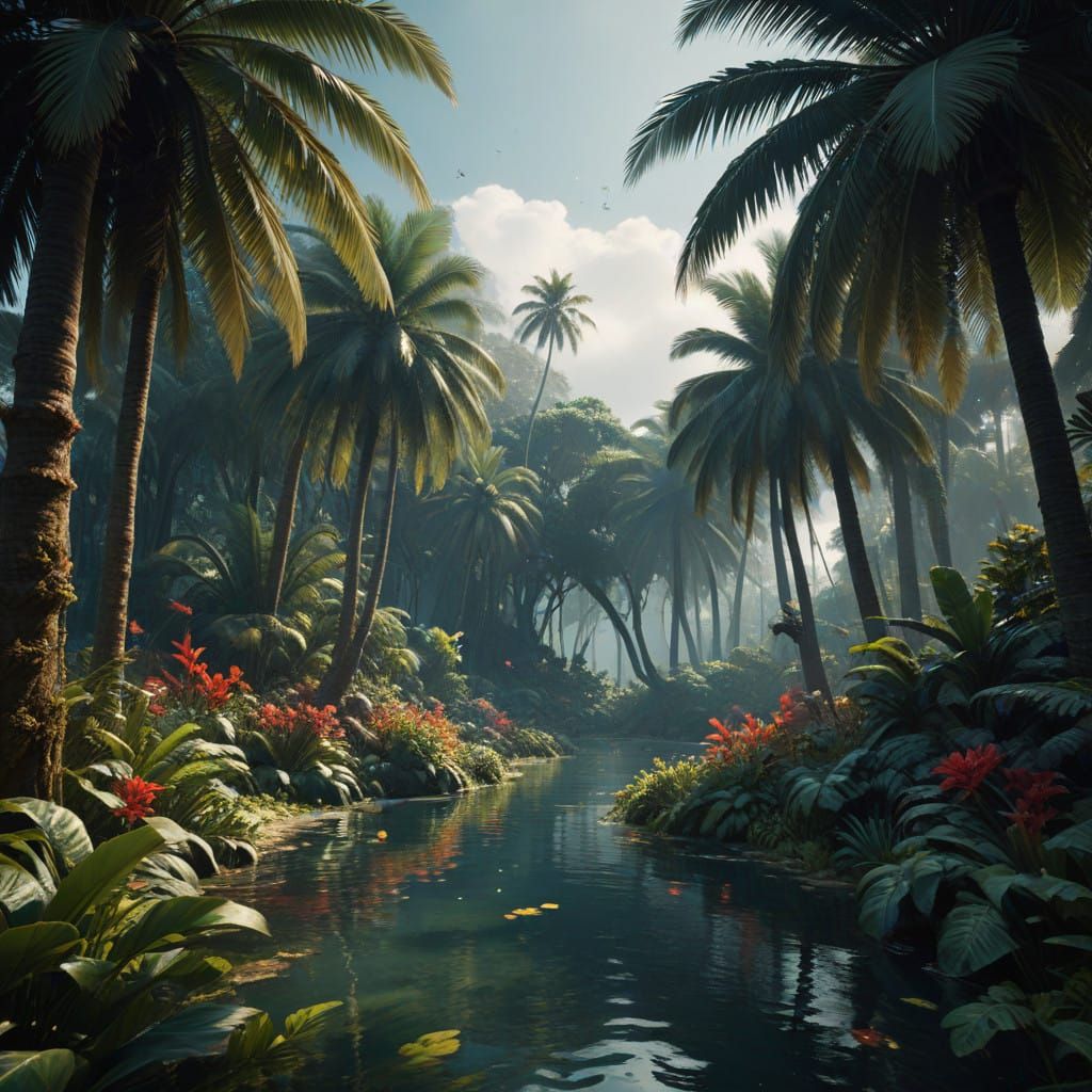Surreal Baroque Landscape in Vibrant Palm Trees with Cinemat...