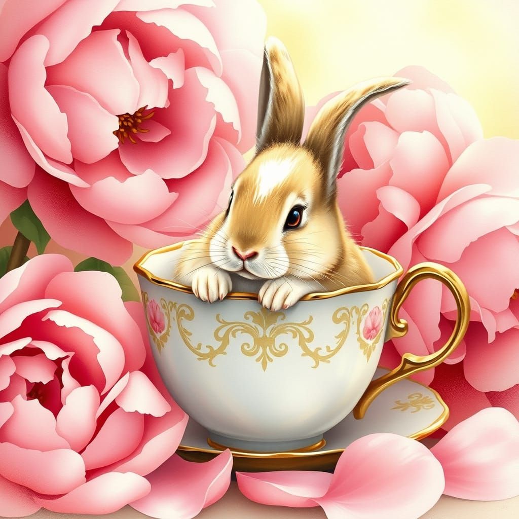 Whimsical Bunny in Antique Tea Cup with Pink Blooms