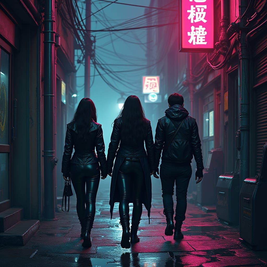 Gothic Cyberpunk Vampires in a Neon Street Scene