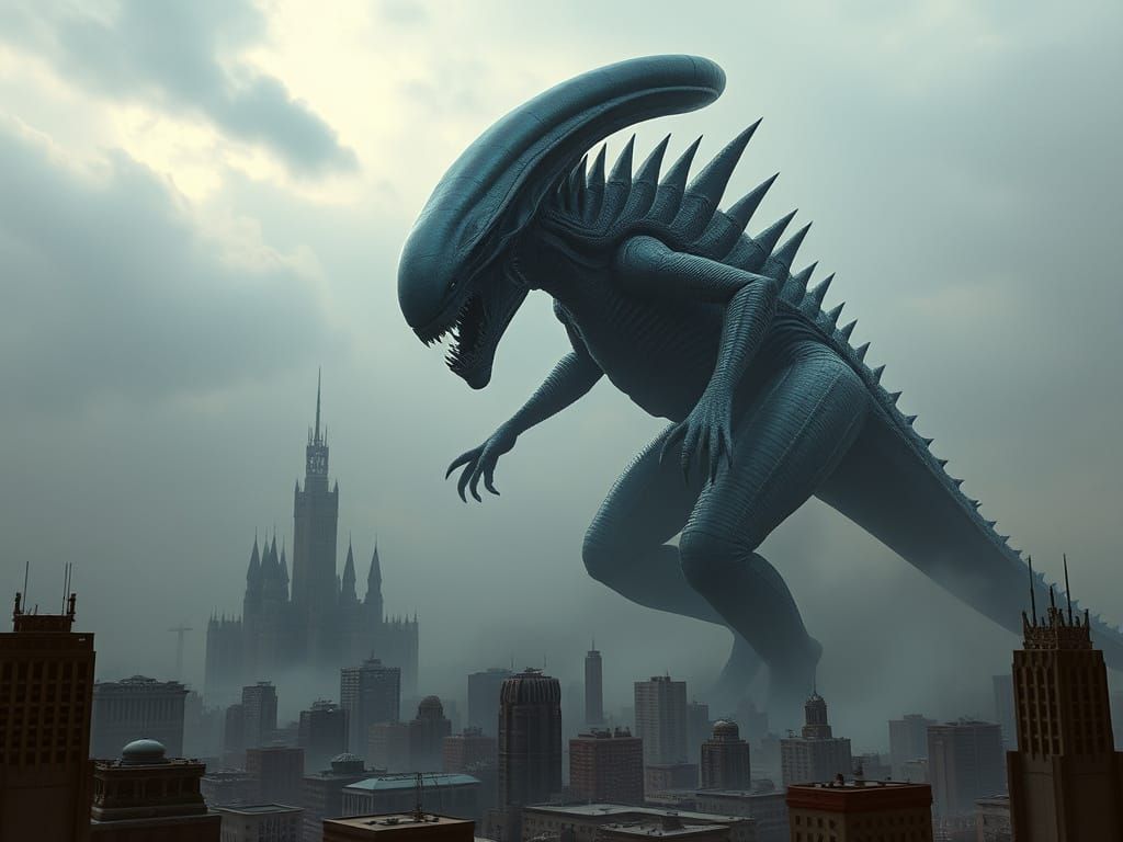 Iridescent Alien Kaiju in Dark Futuristic Cityscape