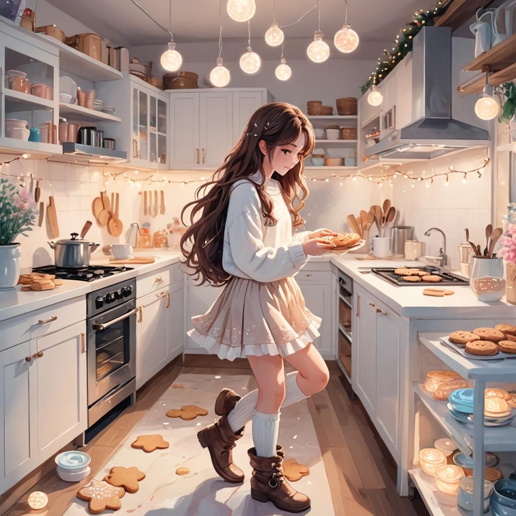 Girl Baking Cookies in Pastel Anime Watercolor Style