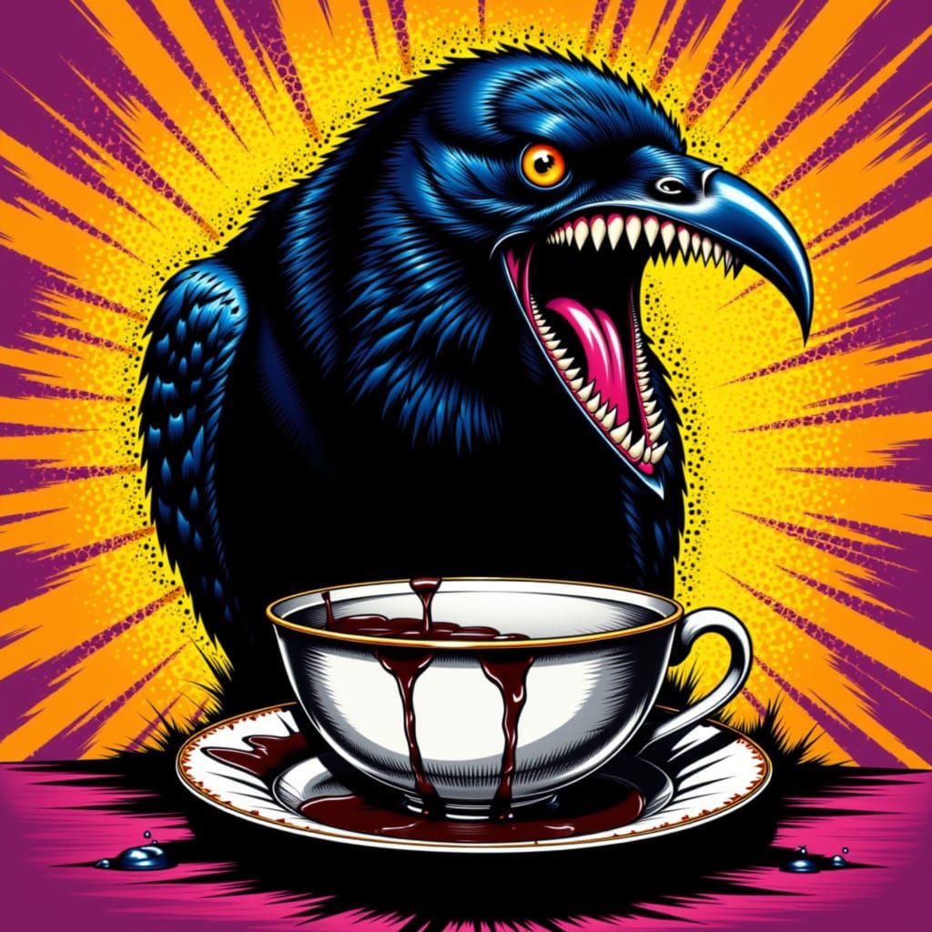 Maniacal Raven Grins Over Teacup in Pop Art Style