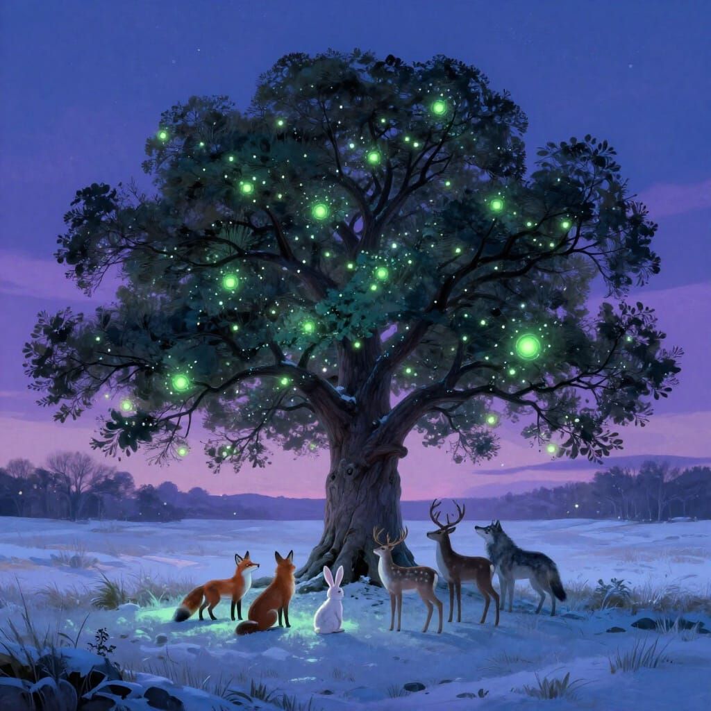 Magical Winter Tree with Animals and Ethereal Lights