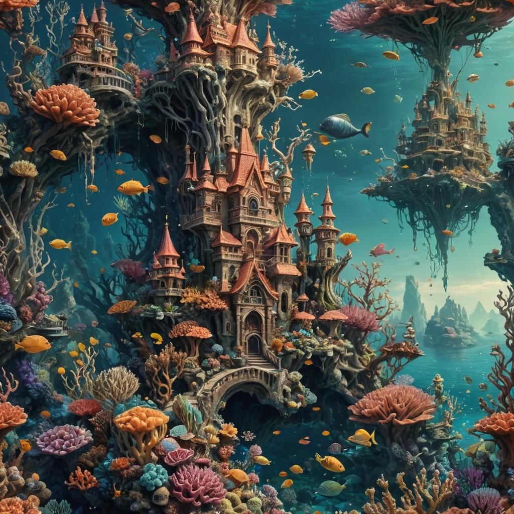 Fantasy Coral Reef with Mermaids and Underwater Palace
