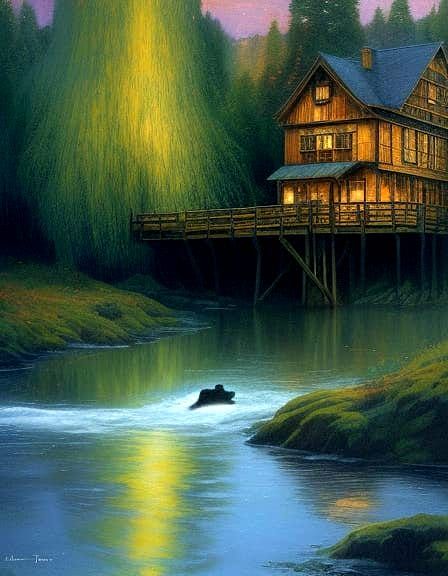 Fanciful Cat Observes Iridescent Moonscape with Water Wheel