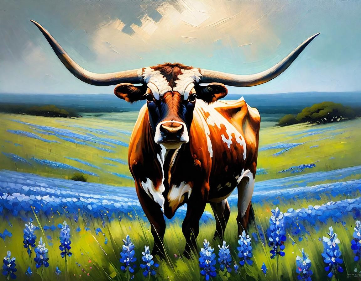 Longhorn Bull in Bluebonnet Field Painting