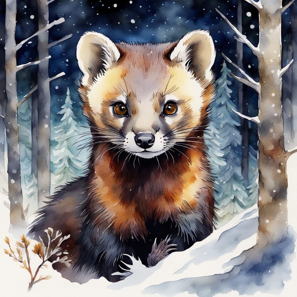 Pine Marten in Winter Forest: Watercolor Portrait