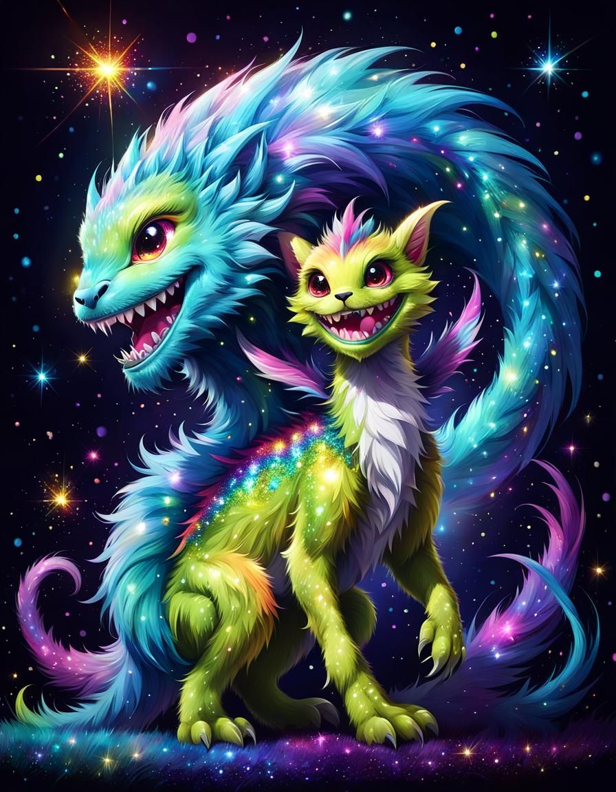 Adorable Fuzzy Alien Monster with Rainbow Glitter