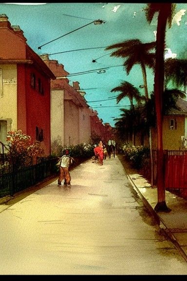 Neighborhood Street with Pink Vines in Watercolor Style