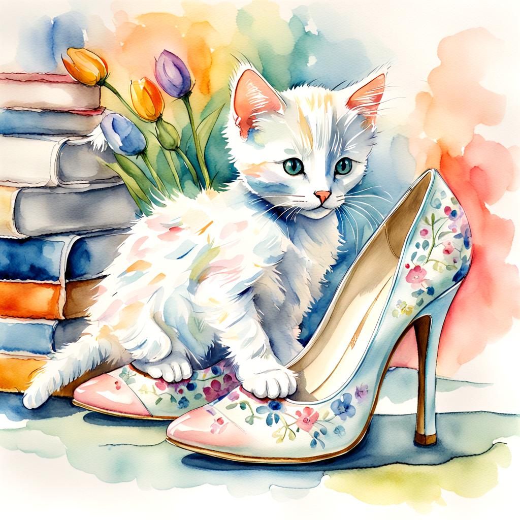 Ginger Kitten in Shoe: Whimsical Watercolor Sketch