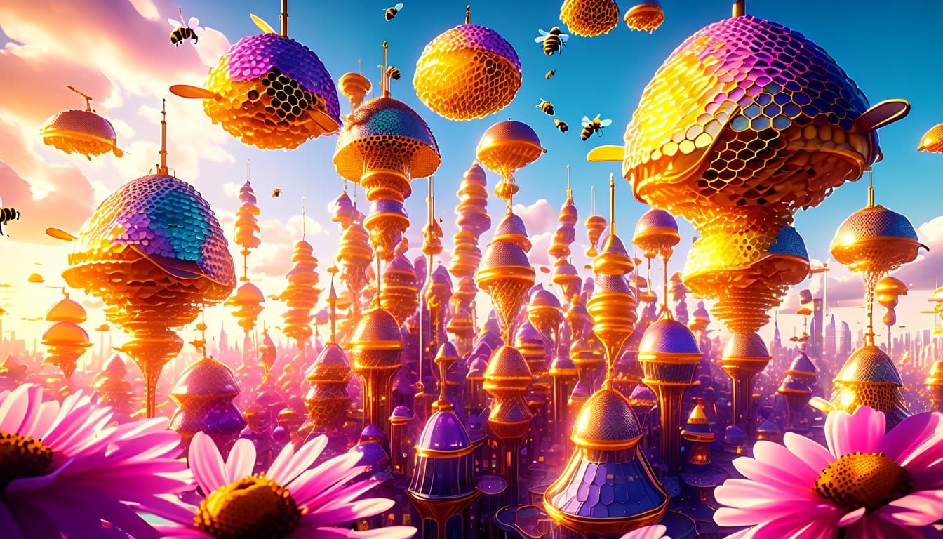 Whimsical Honeycomb Metropolis in Vibrant Fantasy Style