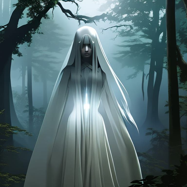 Ghostly White Lady in Haunted Forest, Alphonse Mucha Style