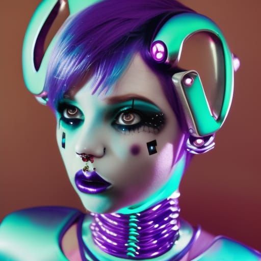 Adorable Punk Robot Woman Portrait in Cyberpunk Style