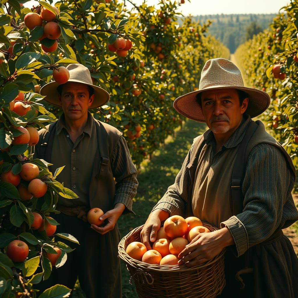 Surreal Landscape of Field Workers Collecting Apples in Chia...