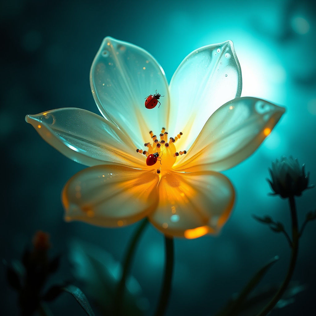 Ethereal Glass Flower with Ladybugs in Tenebrism Style