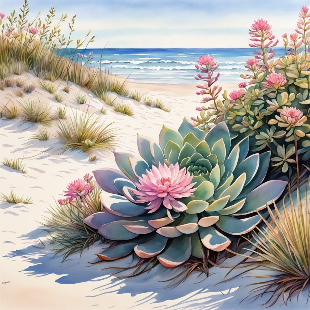 Vibrant Succulent Blooms Amidst Seaside Wildflowers