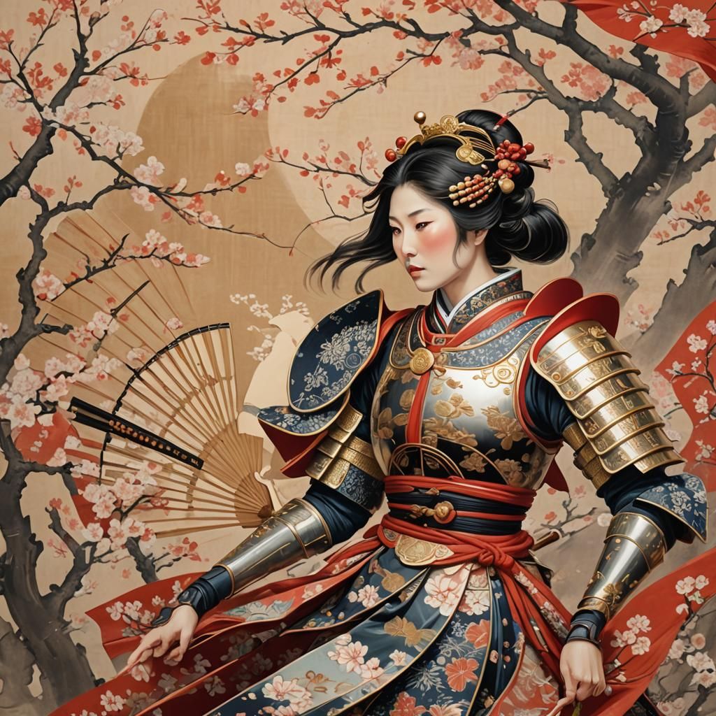 Ukiyo-e Woman Warrior with Fan and Cherry Blossoms