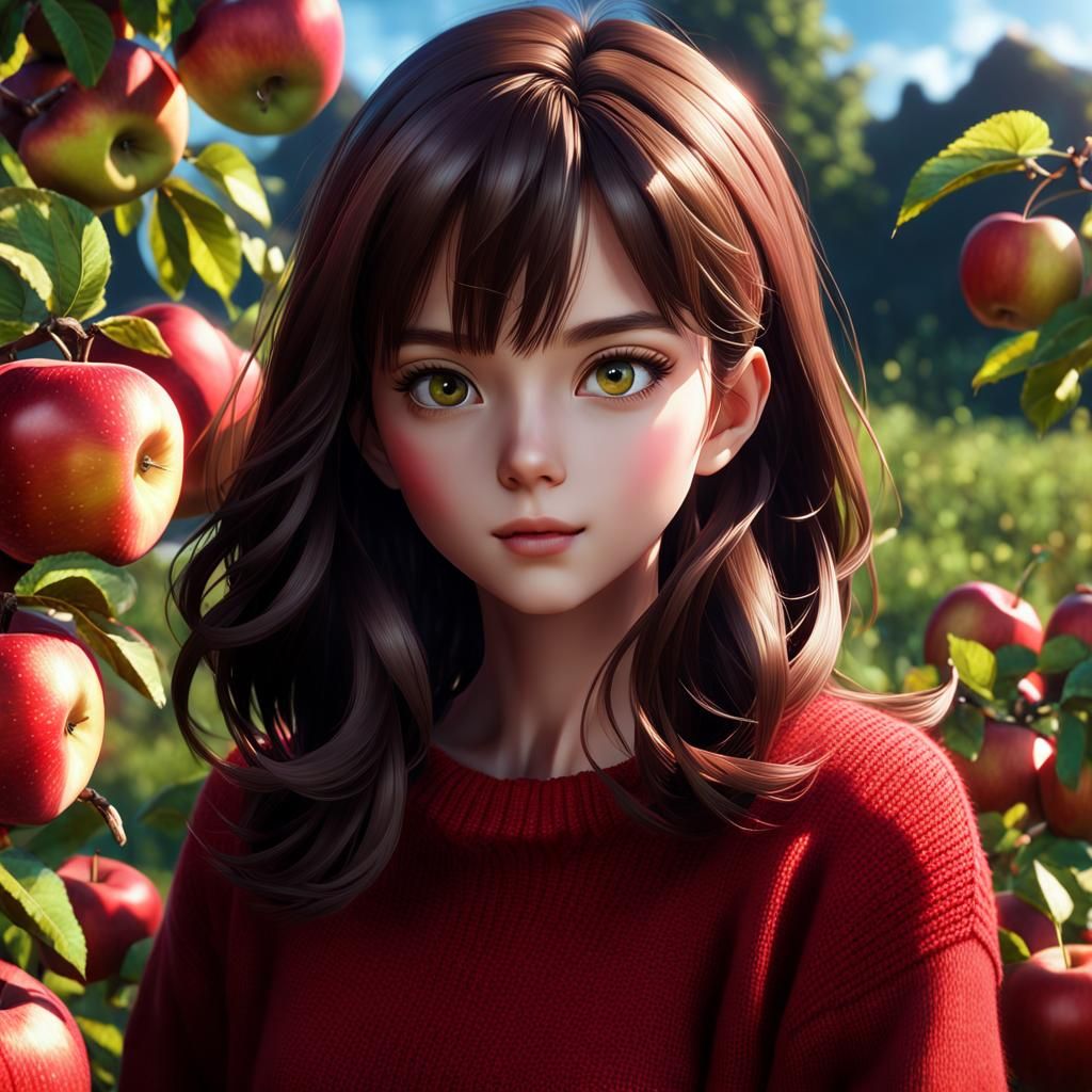Hyper-Realistic Anime Portrait of Woman Picking Apples