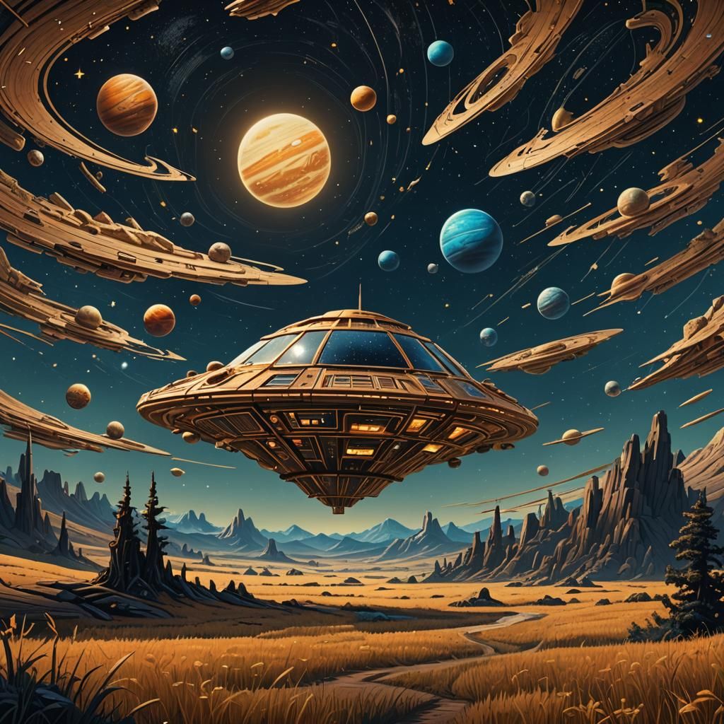 Wooden Carved Spaceship in Starry Galaxy