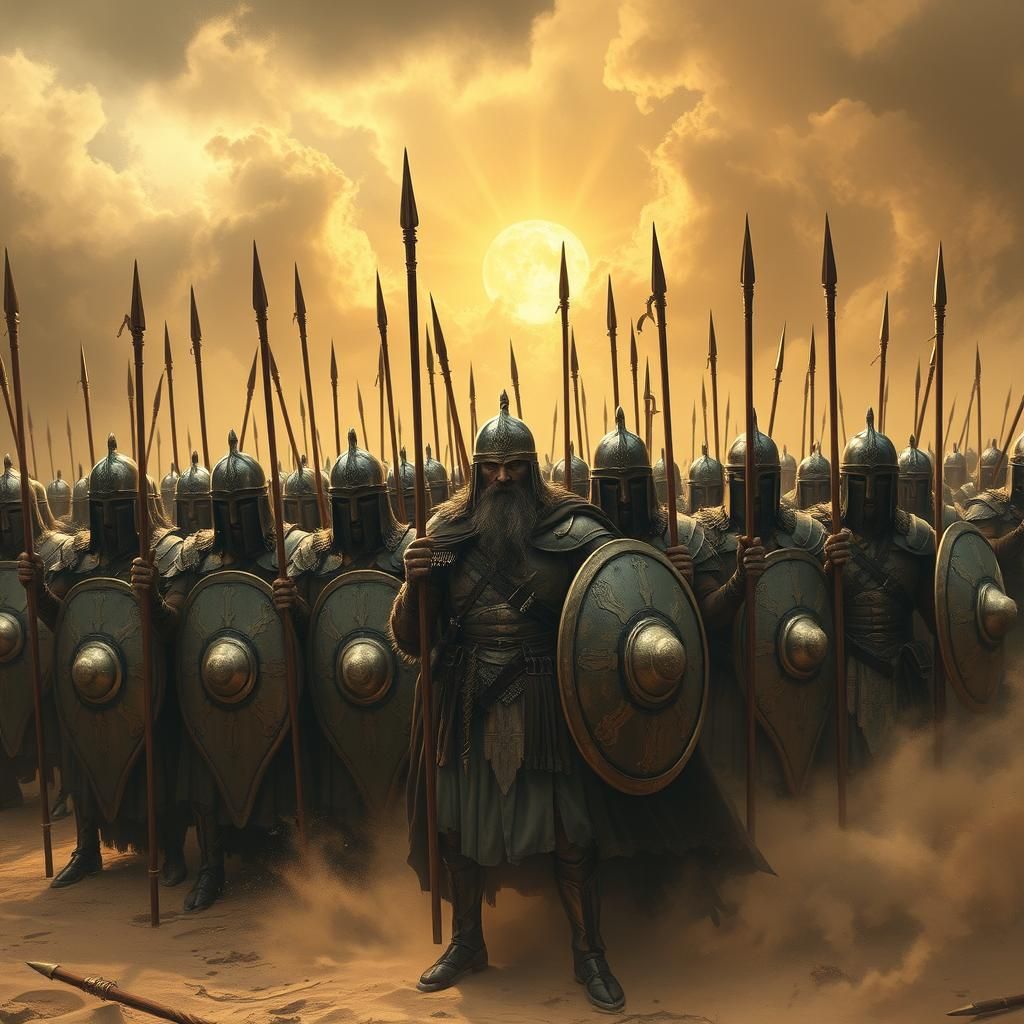 Ancient Warriors in Phalanx Formation Under Golden Light
