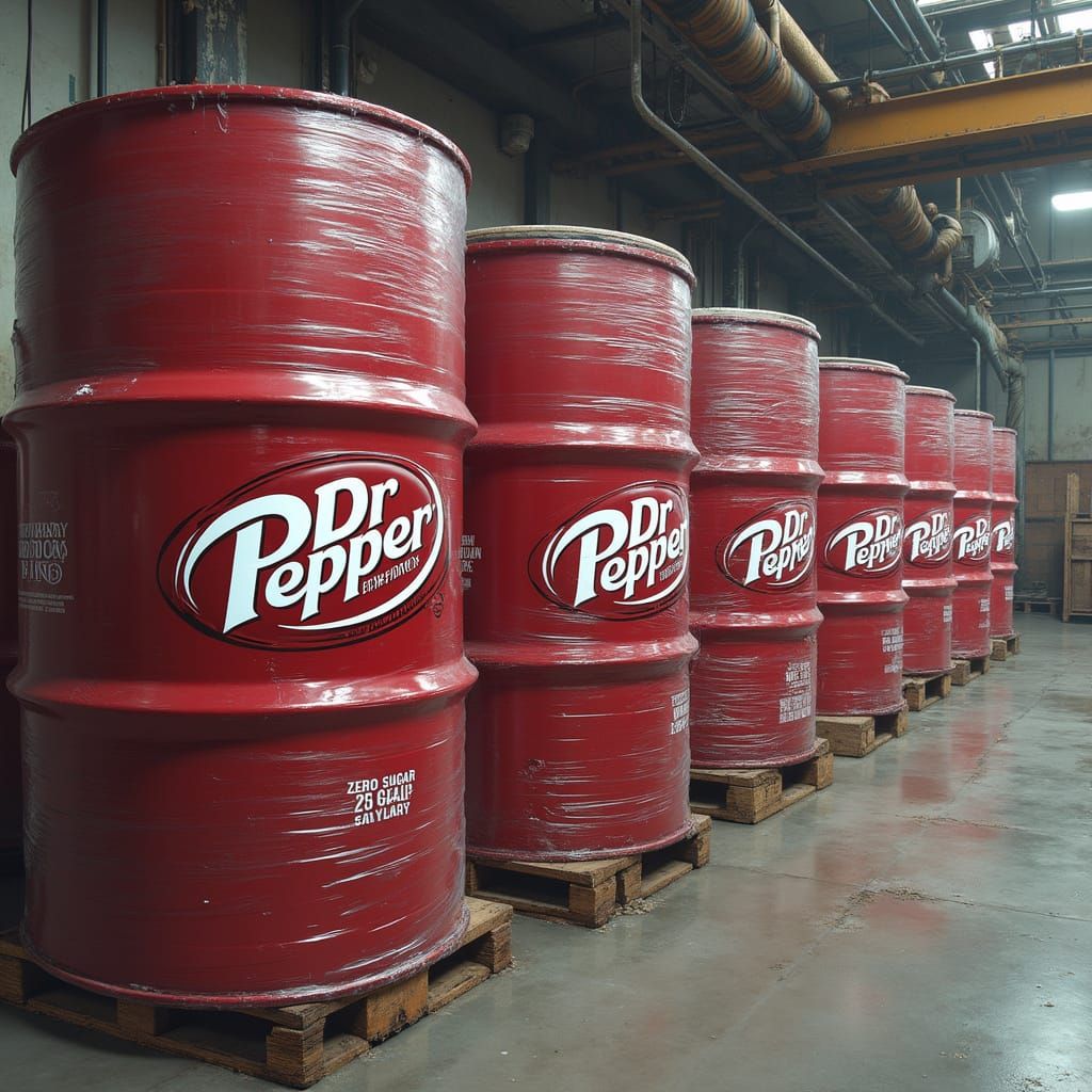 Industrial Beverage Distribution Scene with Dr. Pepper Drums
