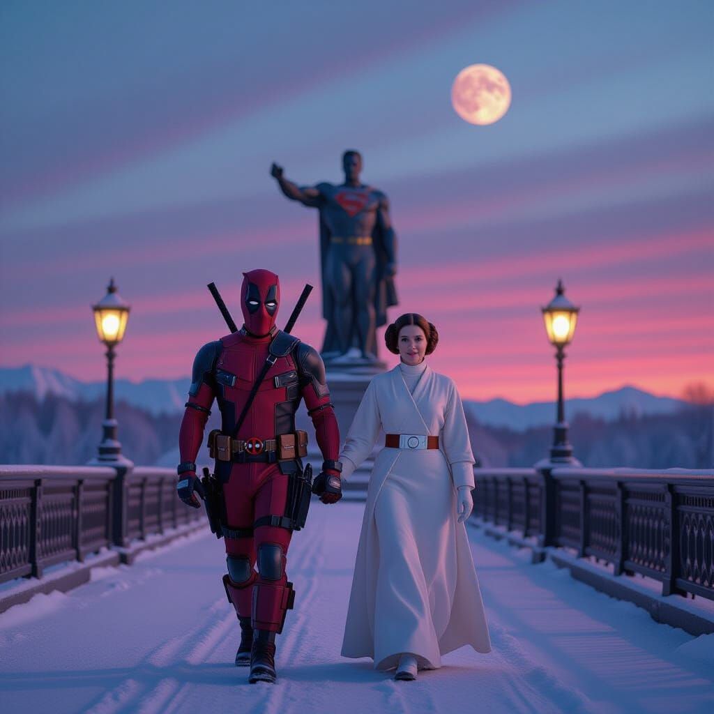 Deadpool and Princess Leia on Frozen Bridge