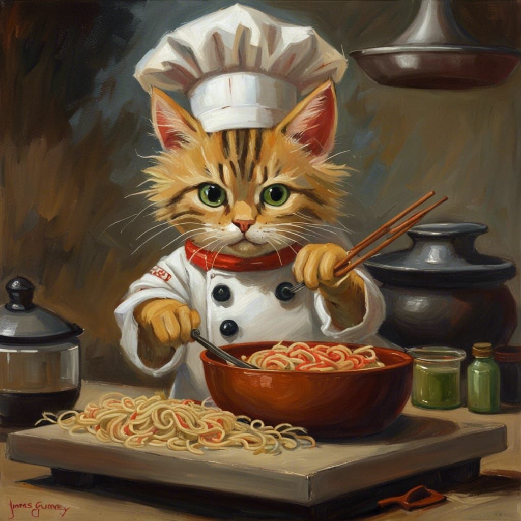 Kemono Cat Chef Cooking Yakisoba, Oil Painting