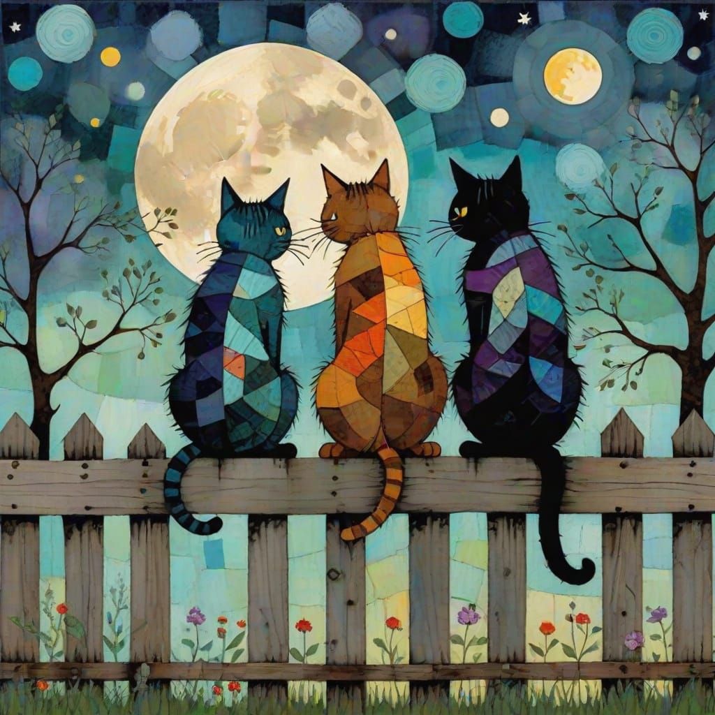 Two Whimsical Cats Converse Under Starry Moonlit Skies in a ...
