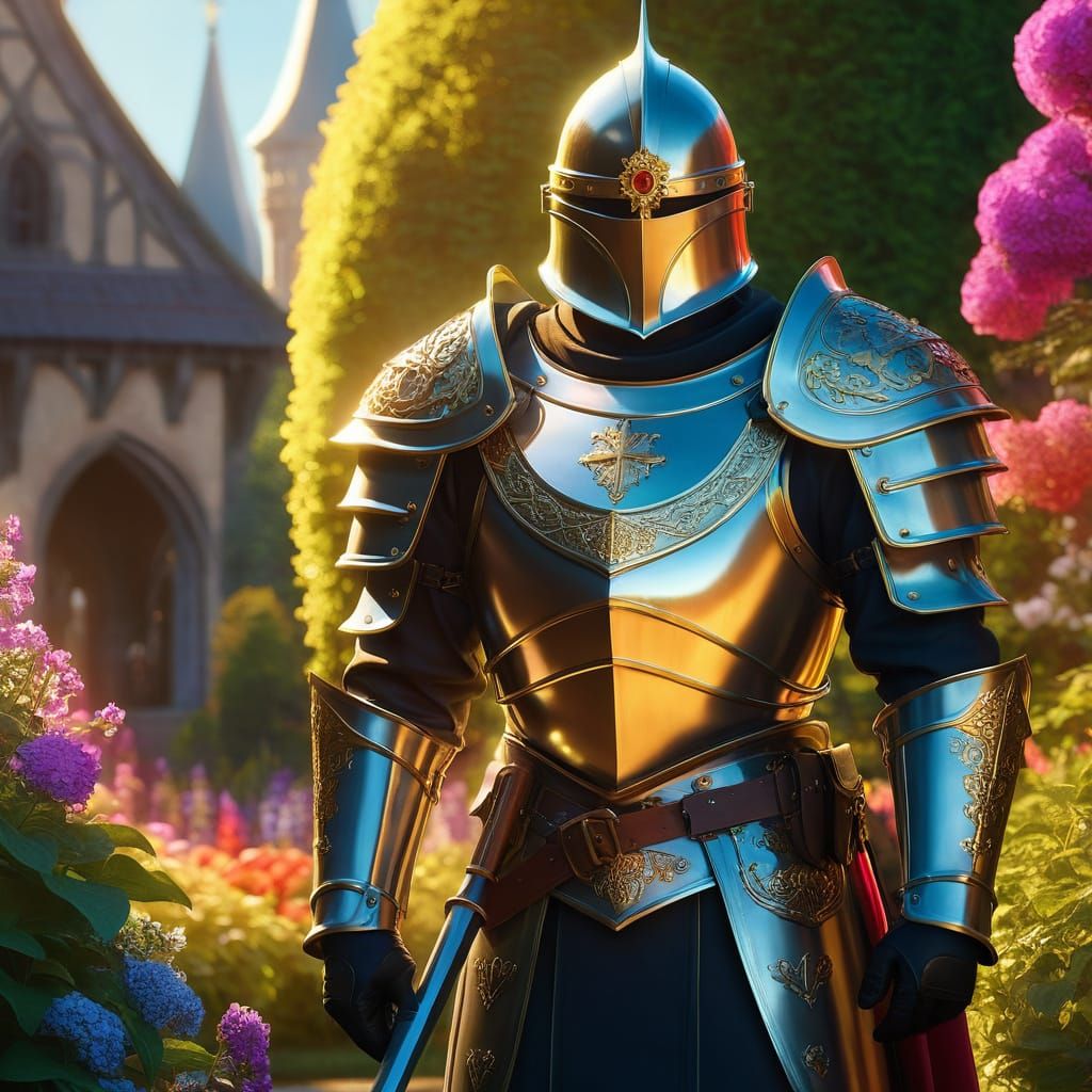 Medieval Guard in Vibrant Retro Garden Fantasy Art