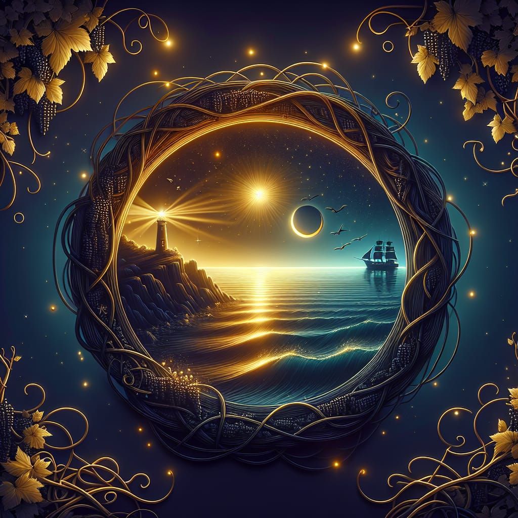 Glowing Lighthouse Illuminates a Peaceful Nighttime Seascape