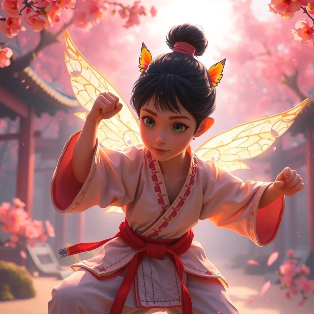 Pixie Karate Kick Amidst Cherry Blossoms