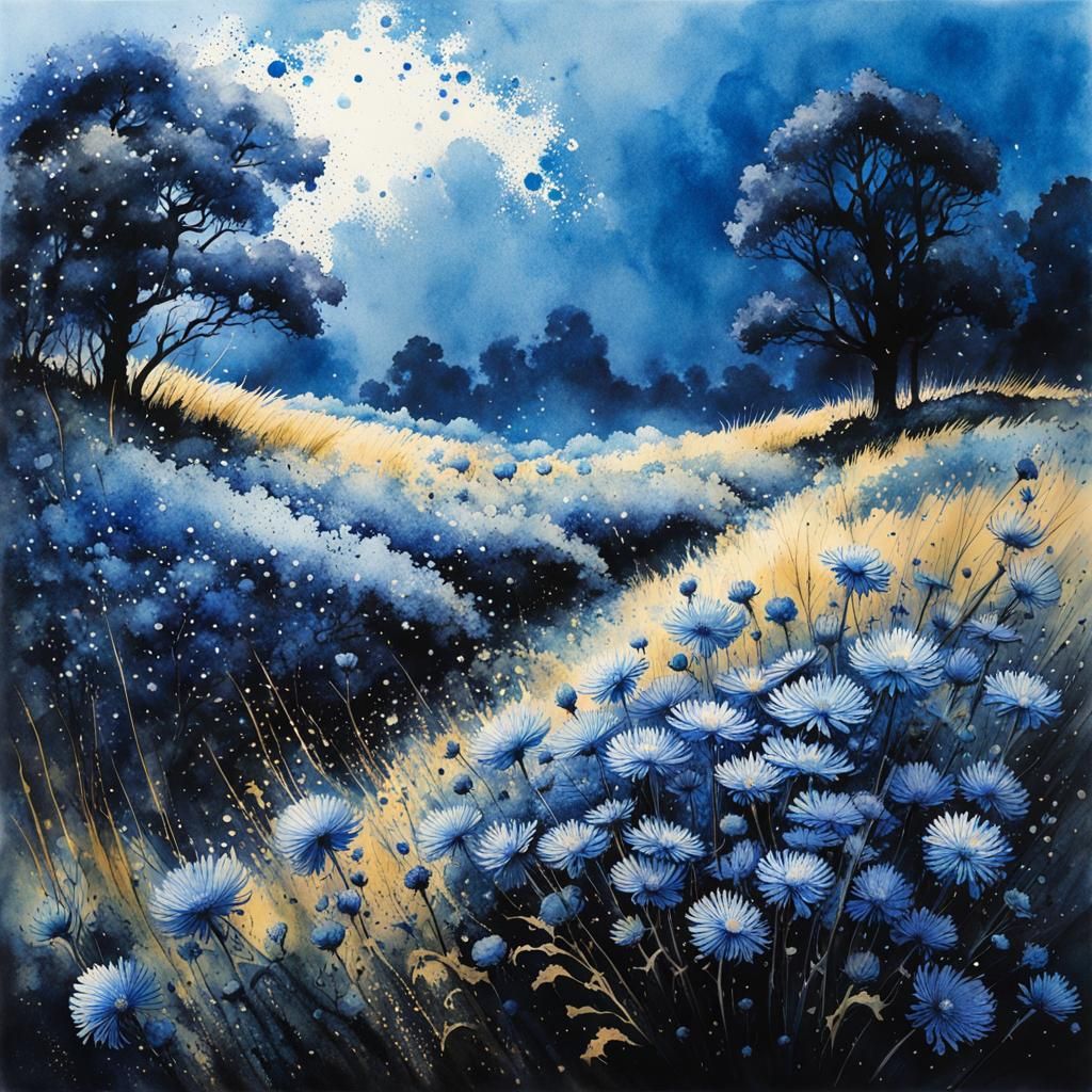 Blue Asters in Wind: Watercolor Ink Splash Art