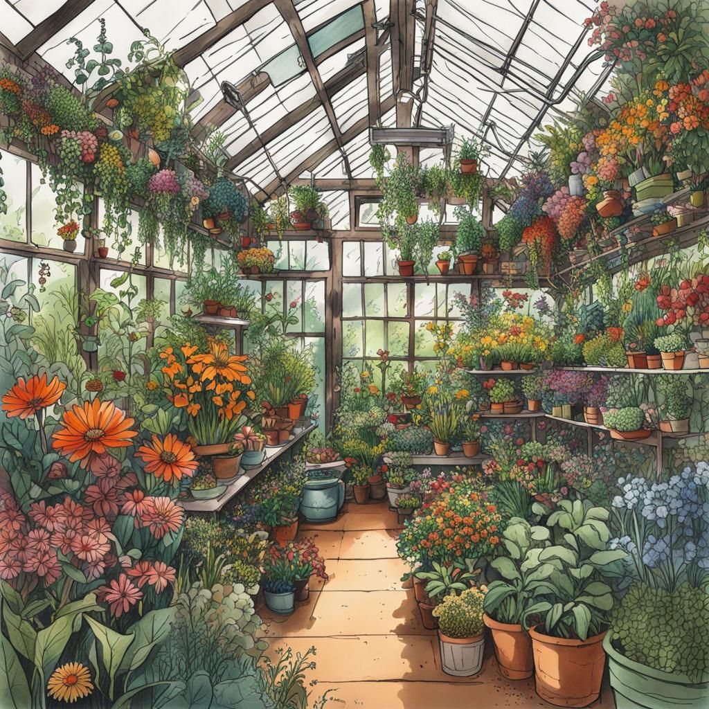 Ink Drawing of Overgrown Greenhouse Interior