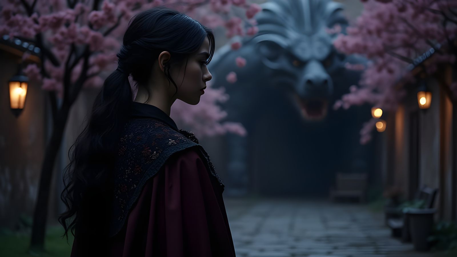 Mysterious Victorian Woman in Dark Courtyard with Dragon