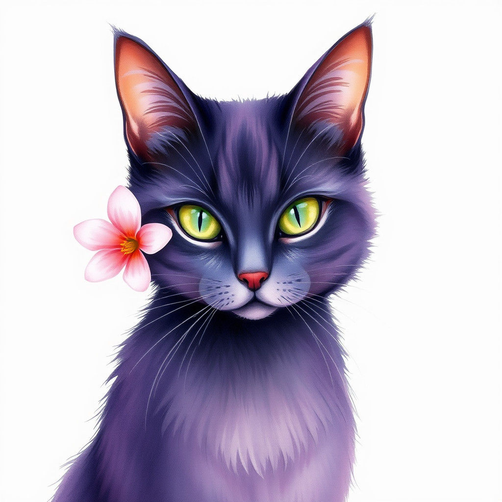 Purple Cat with Pink Flower: Watercolor Illustration