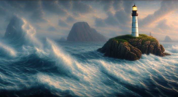 Hyperrealistic Lighthouse Painting in Stormy Ocean