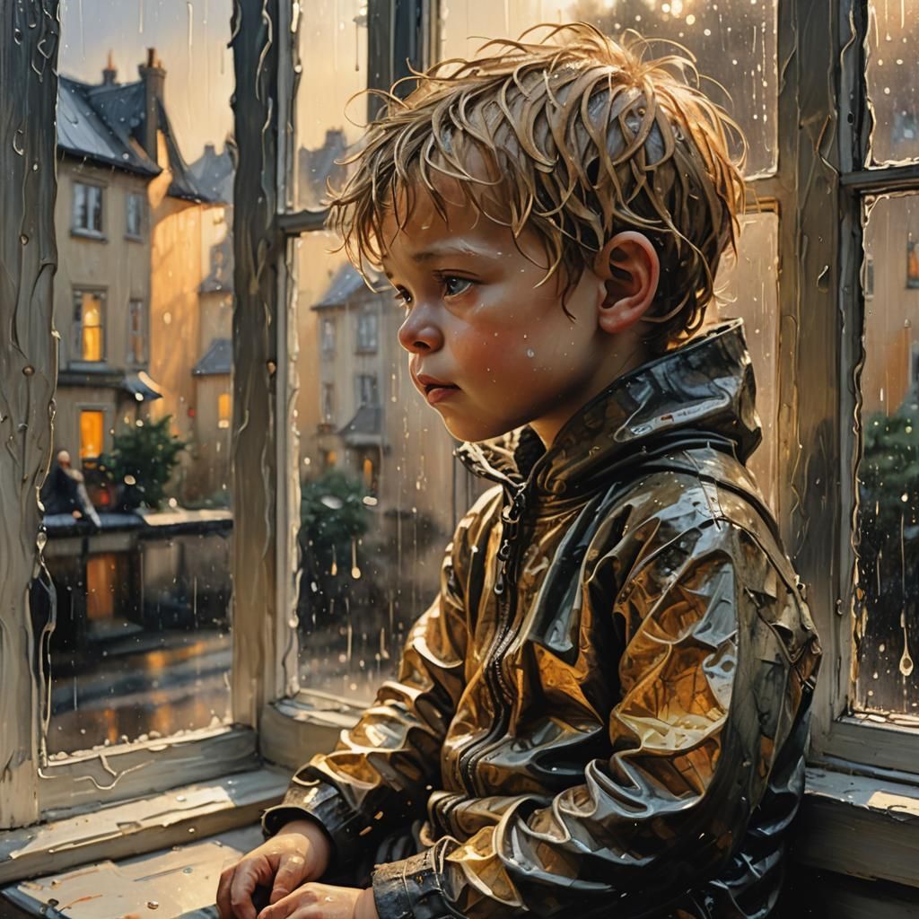 Painted Toddler Gazing at Rain, Expressionist Oil Painting