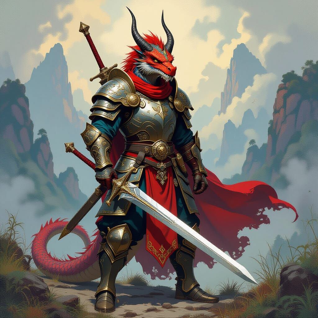 Dragon Warrior in a Mystical Fantasy Landscape