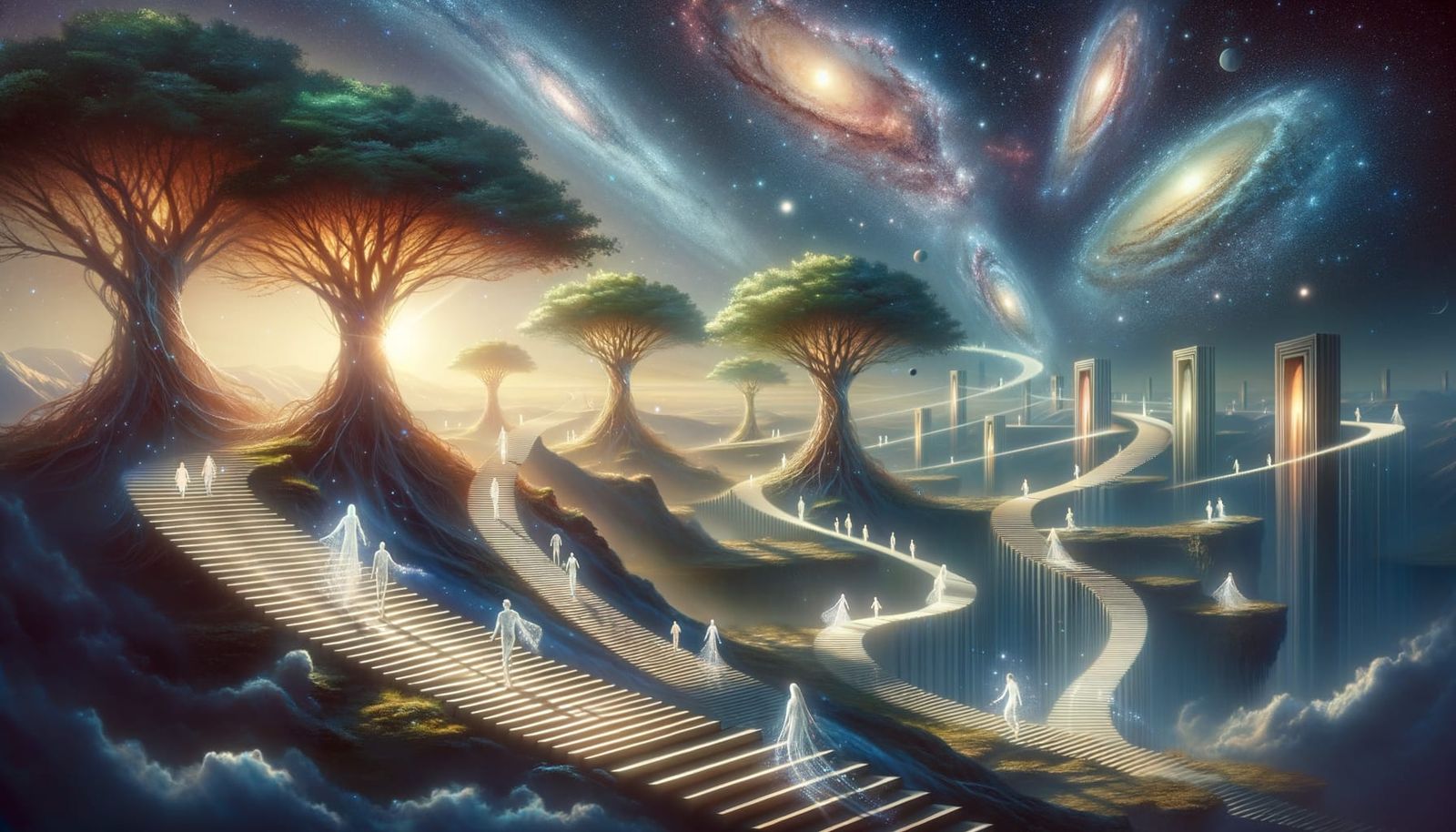 Surreal Landscape with Cosmic Trees and Ethereal Figures