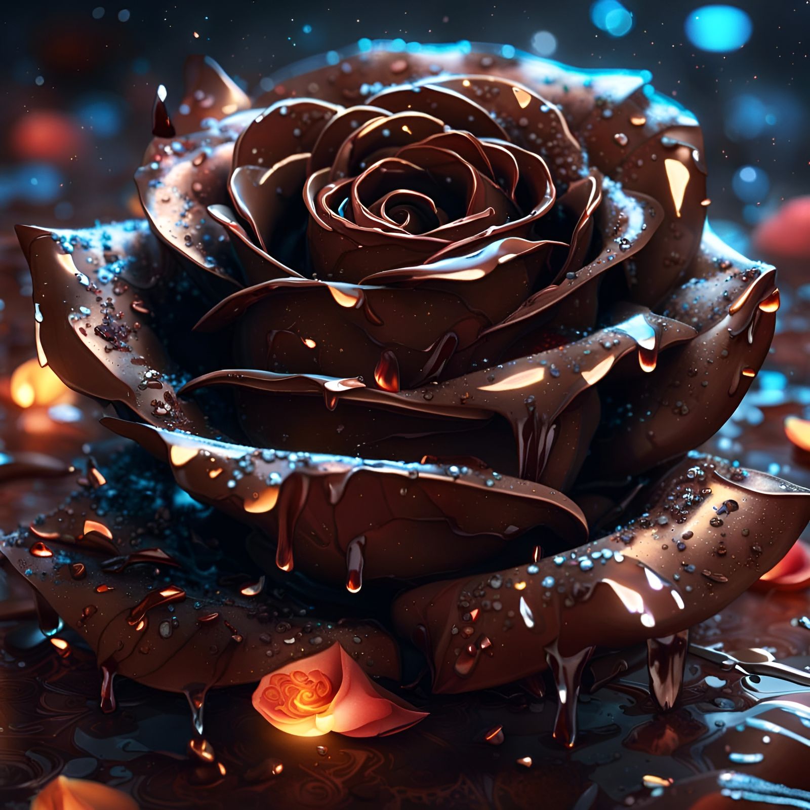Chocolate Rose with Dripping Petals in Photorealistic Style