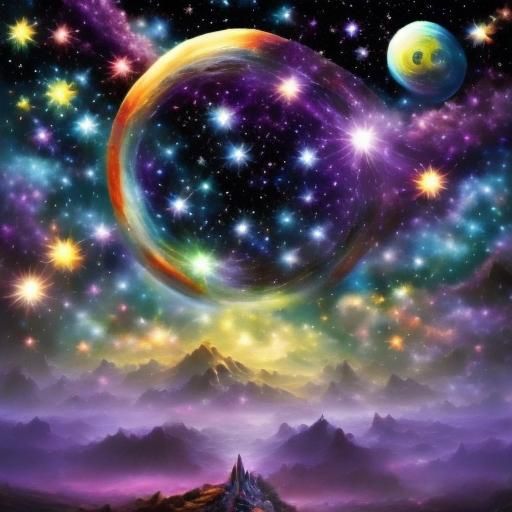 Rainbow Flowers in Deep Purple Celestial Galaxy
