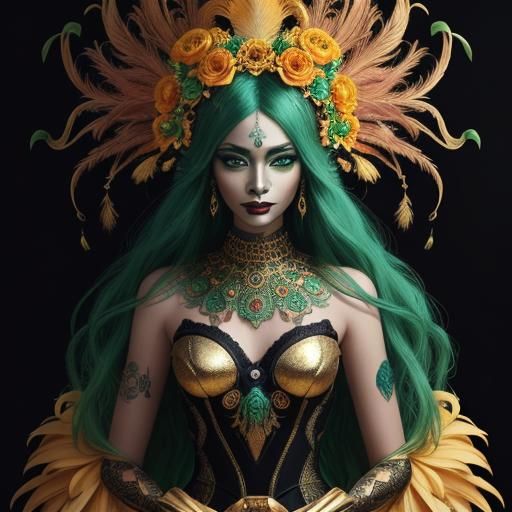 Surreal Gold Woman with Peacock Feathers Portrait