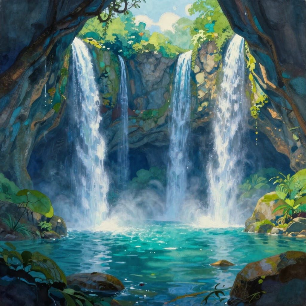 Vast Grotto with Cascading Waterfalls in Oil and Watercolor ...