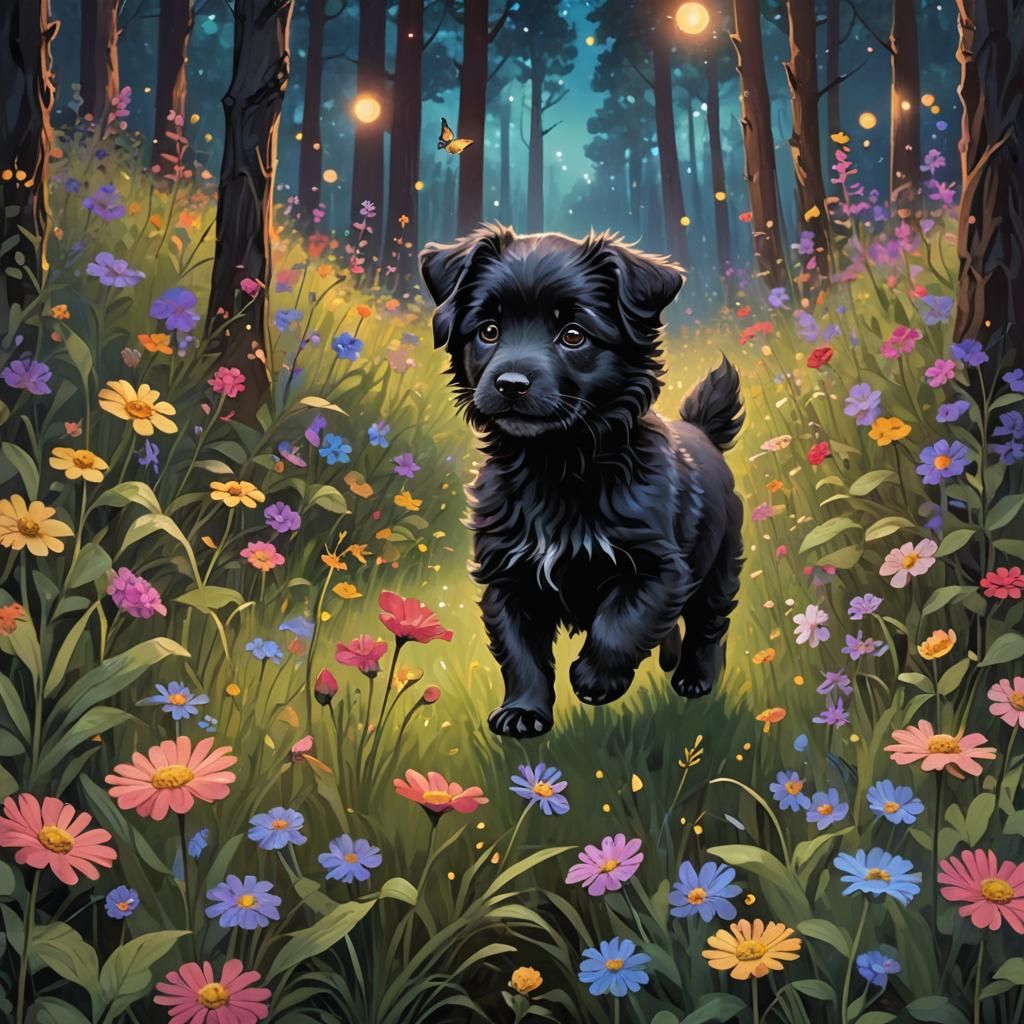 Black Puppy in Enchanted Forest, Dreamy Photorealistic Scene