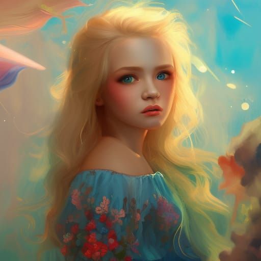 Colorful Oil Gouache Painting of Blonde Sisters