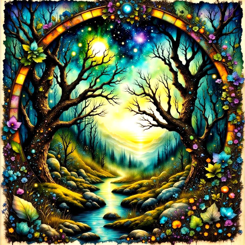 Serene Forest at Dusk Mixed Media Collage