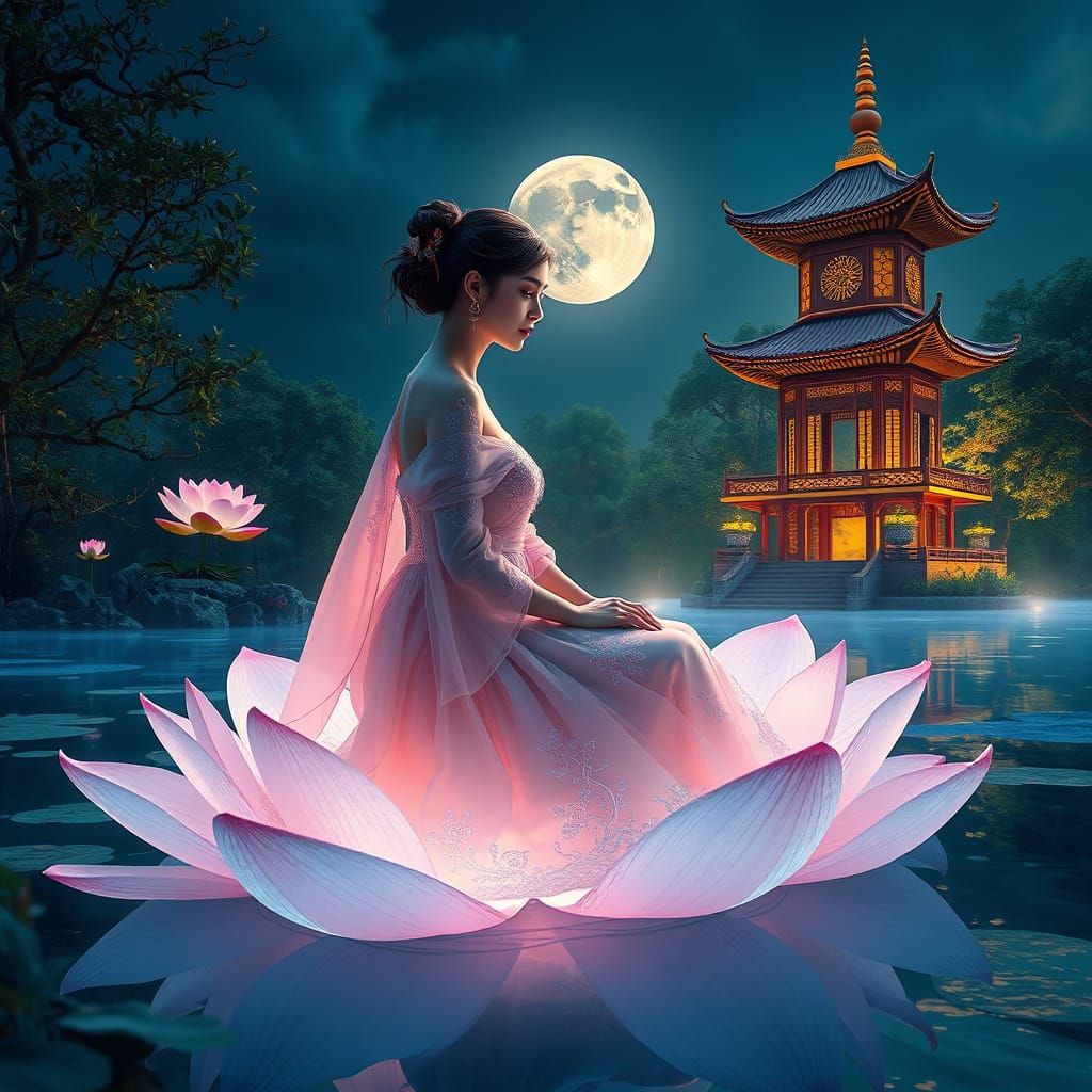 Serenely Seated Goddess on Glowing Lotus in Dreamy Water Sce...