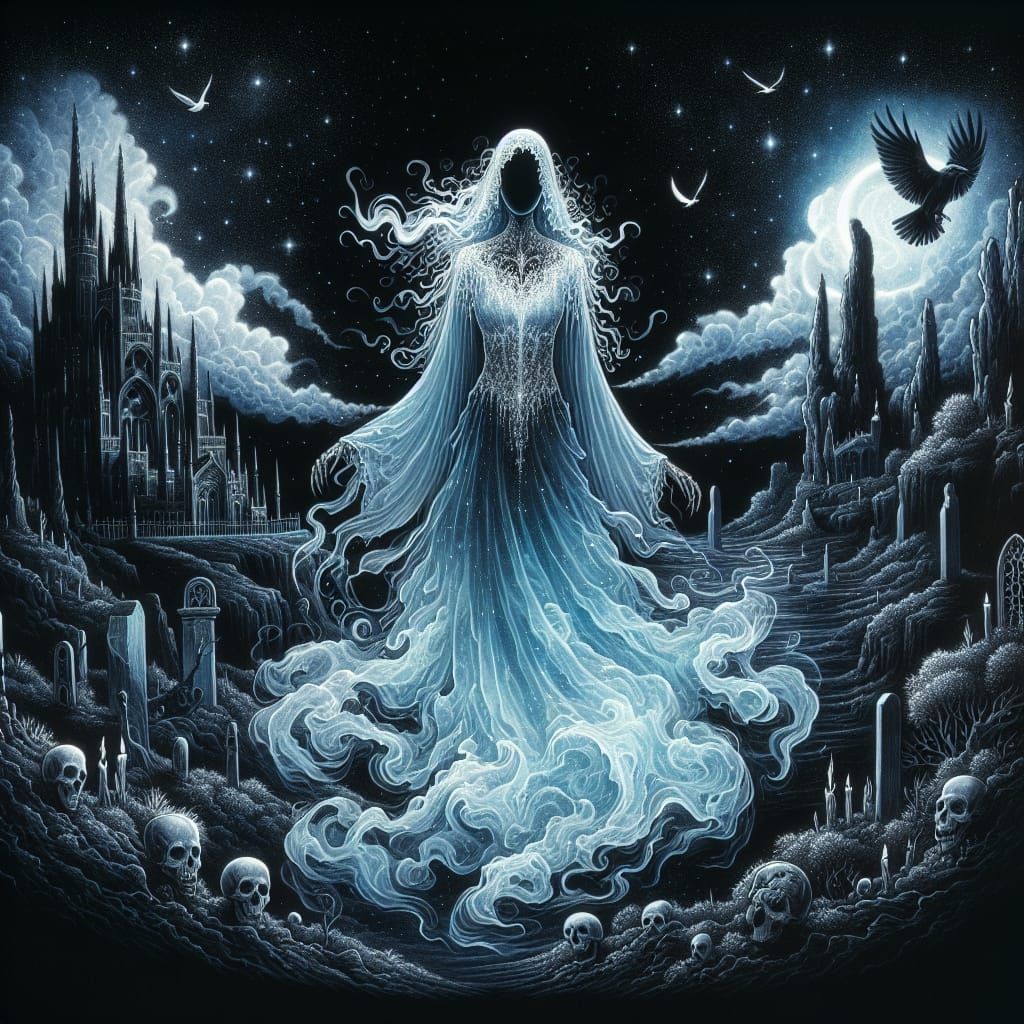 an eerie haunting non-corporeal ghostly luminescent appariti...