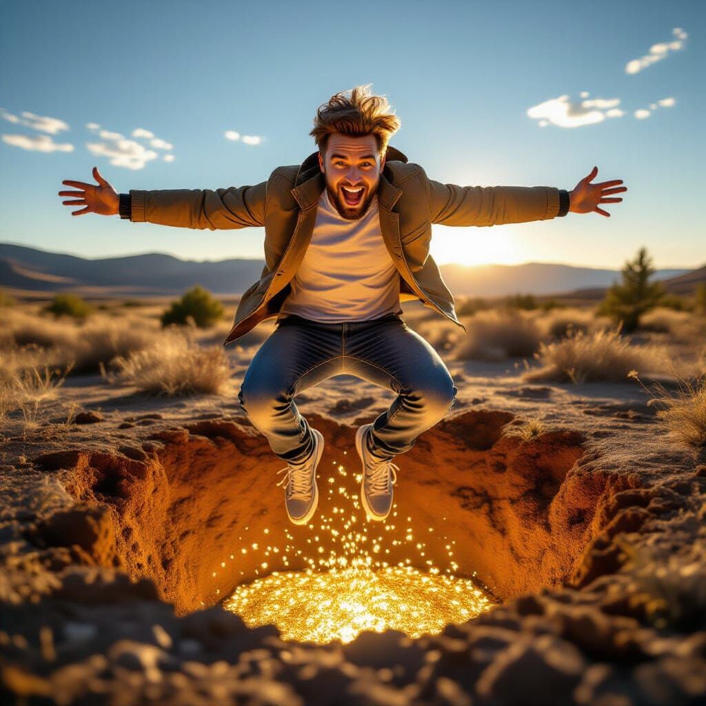 Joyful Leap into a Surreal Golden Mine